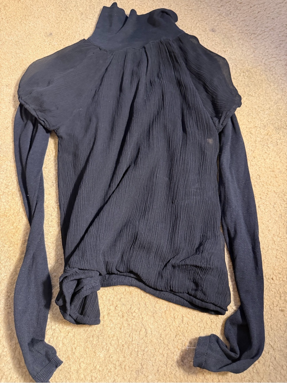 Hoss Intropia S Black Mixed Media High Neck Blouse Knit Sleeve Draped Top